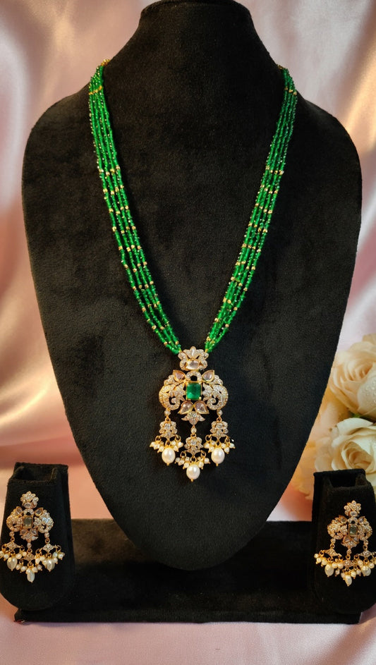 Green Beaded Victorian Long Necklace Set