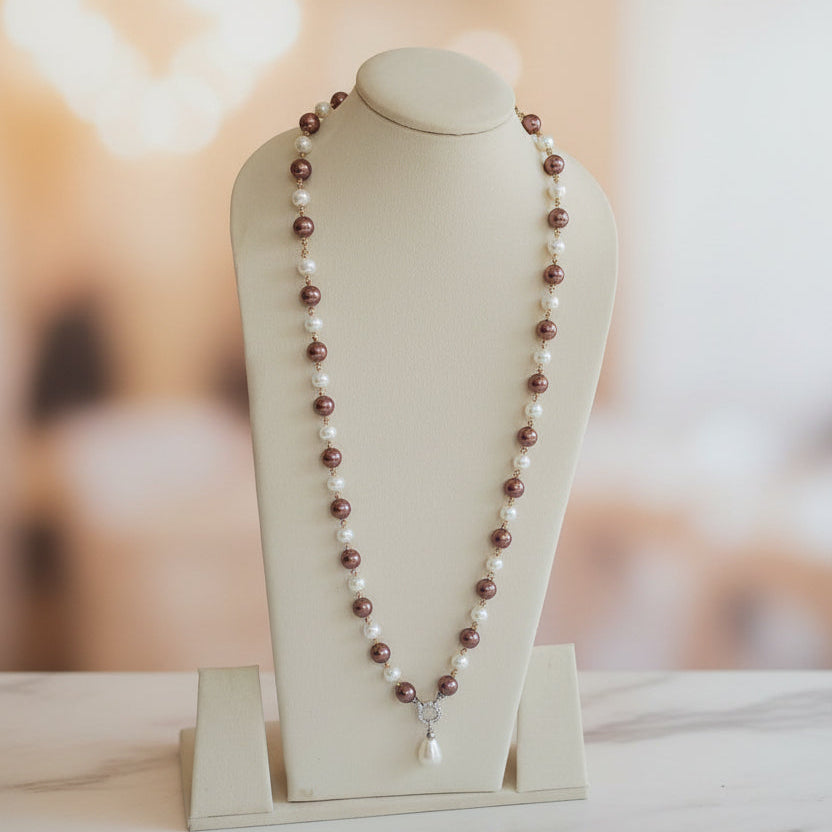 White And Chocholate Beaded Long Necklace
