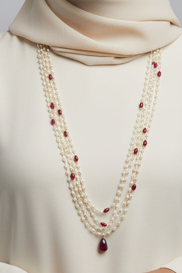 Red Pearl Rain Long Necklace