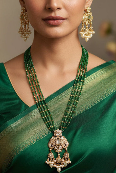 Green Beaded Victorian Long Necklace Set