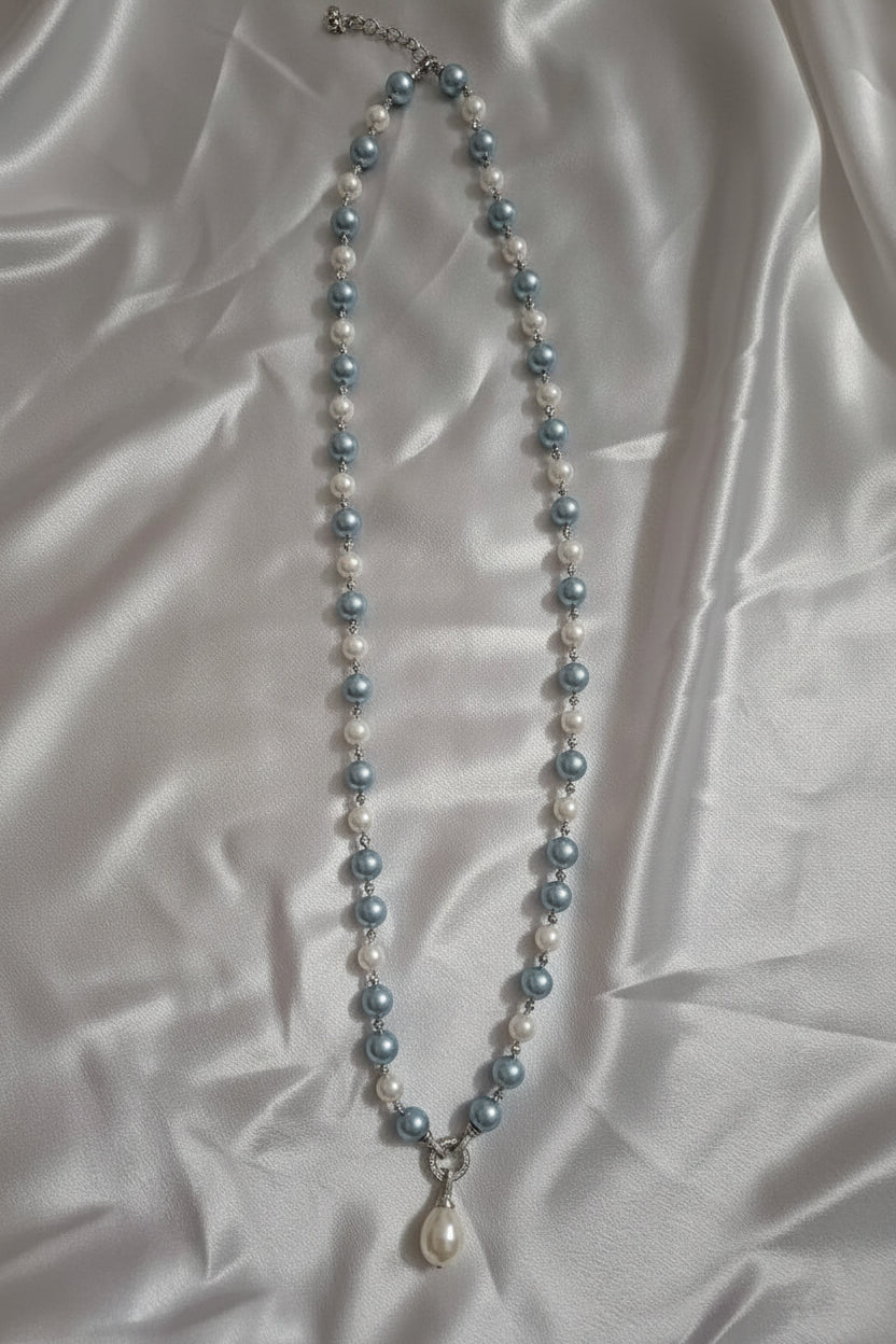 White And Light Blue Pearl Long Necklace