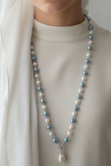 White And Light Blue Pearl Long Necklace