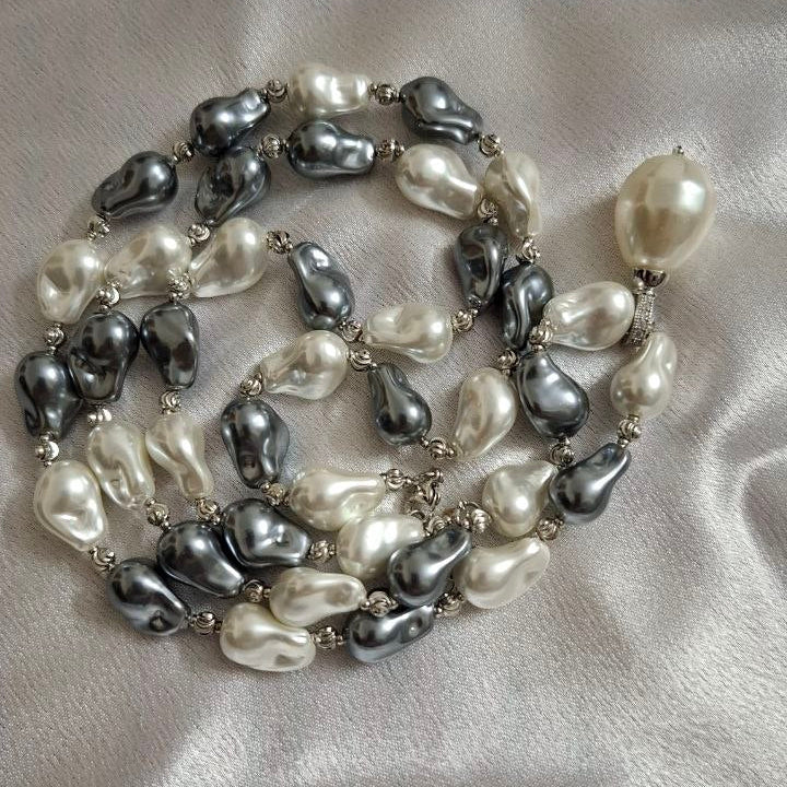 White And Gray Mother Pearl Long Necklace