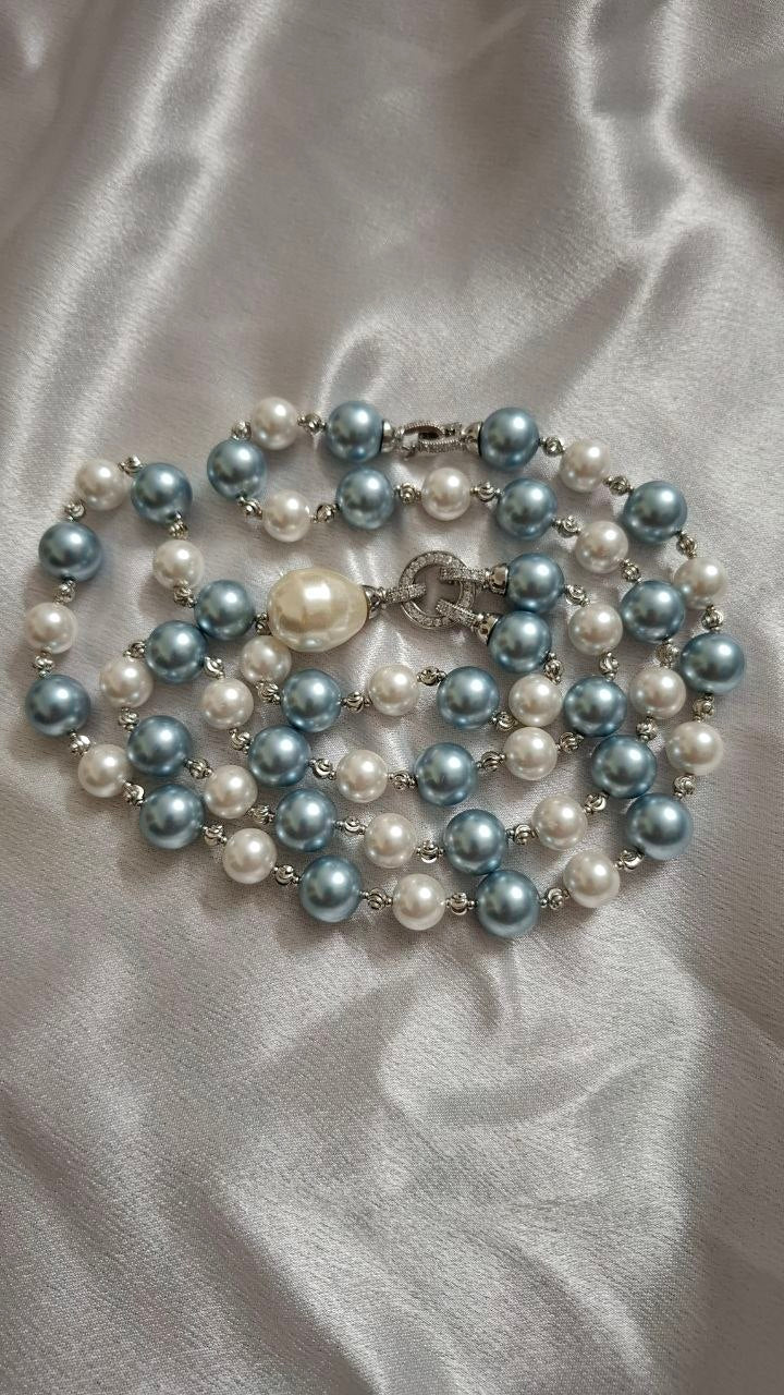 White And Light Blue Pearl Long Necklace