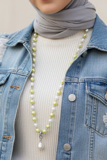 White And Green Pearl Long Necklace