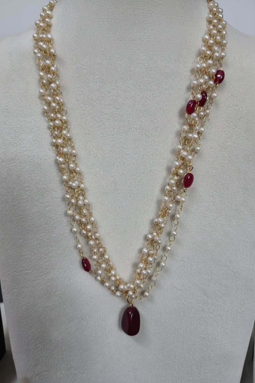 Red Pearl Rain Long Necklace