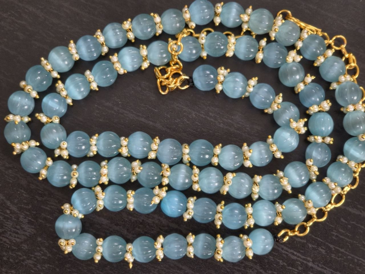 Light Blue Pumkin Bead Long Necklace